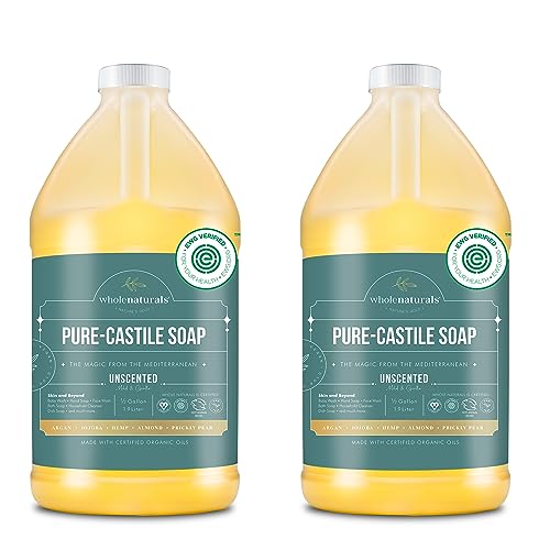 Image of WHOLENATURALS Pure Castile Soap Liquid Unscented, EWG Verified & Certified Palm Oil Free-1 gallon (64oz x2 bottles) Natural Soap, Mild & Gentle Non-gmo & Vegan-Organic Body Wash, Laundry & Baby Soap