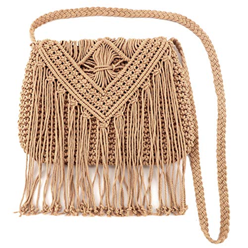 Van Caro Women Crochet Beach Bag Fringed Bohemian Crossbody Shoulder Purse Cotton Flap Envelope Purse Light Coffee