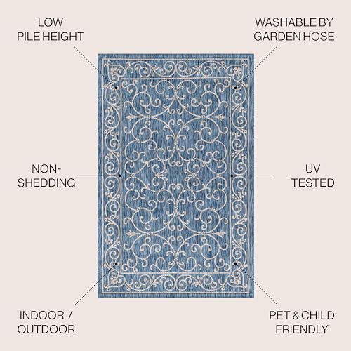Image of JONATHAN Y Vintage Filigree Indoor Outdoor Area Rug 8X10 Navy /Gray, Charleston Textured Weave for Backyard, Patio, Porch, Easy-Cleaning, High Traffic, Pet-Friendly, Non-Shedding (SMB106D-8)