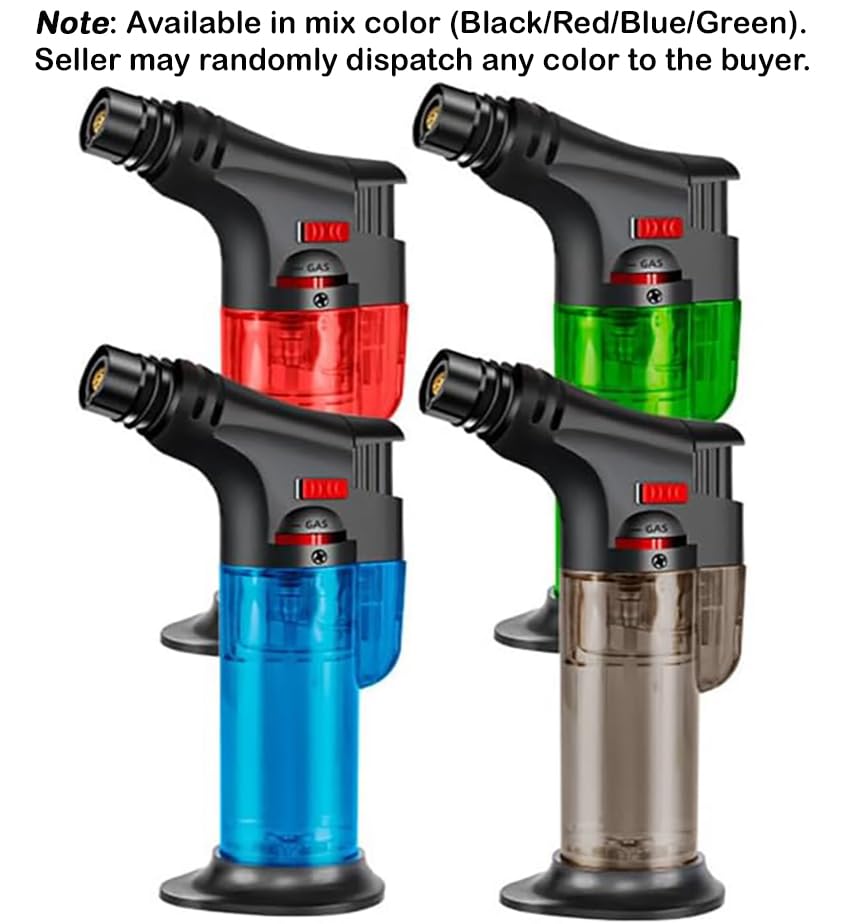 Image of Blow Torch Jet Flame I Windproof Kitchen Gas Lighter I Strong Transparent Tank I Refillable Butane Gas Lighter For Resin Art Barbeque Coals Candle Bonfire Camping (MixColor-Black /Blue /Red /Green)