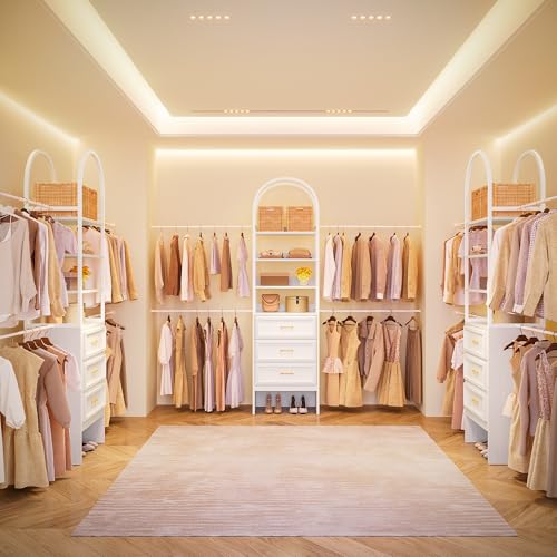 DWVO Closet Organizer System with Drawers, Heavy-Duty Arched Closet System with 4 Expandable Hanger Rods, 4 Shelves and 3 Drawers, Adjustable Walk-In Garment Rack for Bedroom Cloakroom