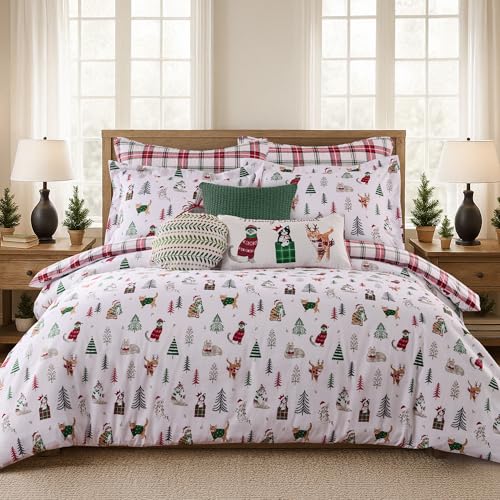 Levtex Home - Meowy Christmas Duvet Cover Set - King Cover (106x94in.) + Two Shams (20x36in.) - Holiday Cats - White Red Green - Reversible - Polyester