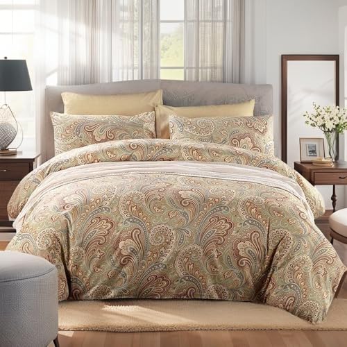 USTIDE 4-Piece King Size Paisley Bedding Set-Duvet Cover, Fitted Sheet and 2 Pillowcase Bed Set 100% Cotton Bedding Set