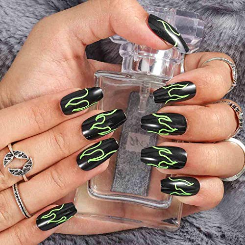 Outyua Stiletto Haloween Press on Nails Fire Cool Fake Nails Glossy Acrylic False Nails Tips Artificial Full Cover Nails for Women and Girls 24Pcs (Green)