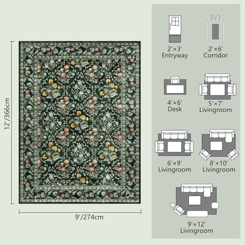Image of Vintage Botanical Dark Green Area Rug 9x12 Elegant Floral Pattern, Durable Stain-Resistant Fabric, Perfect for Living Room, Bedroom, Dining Room Decor