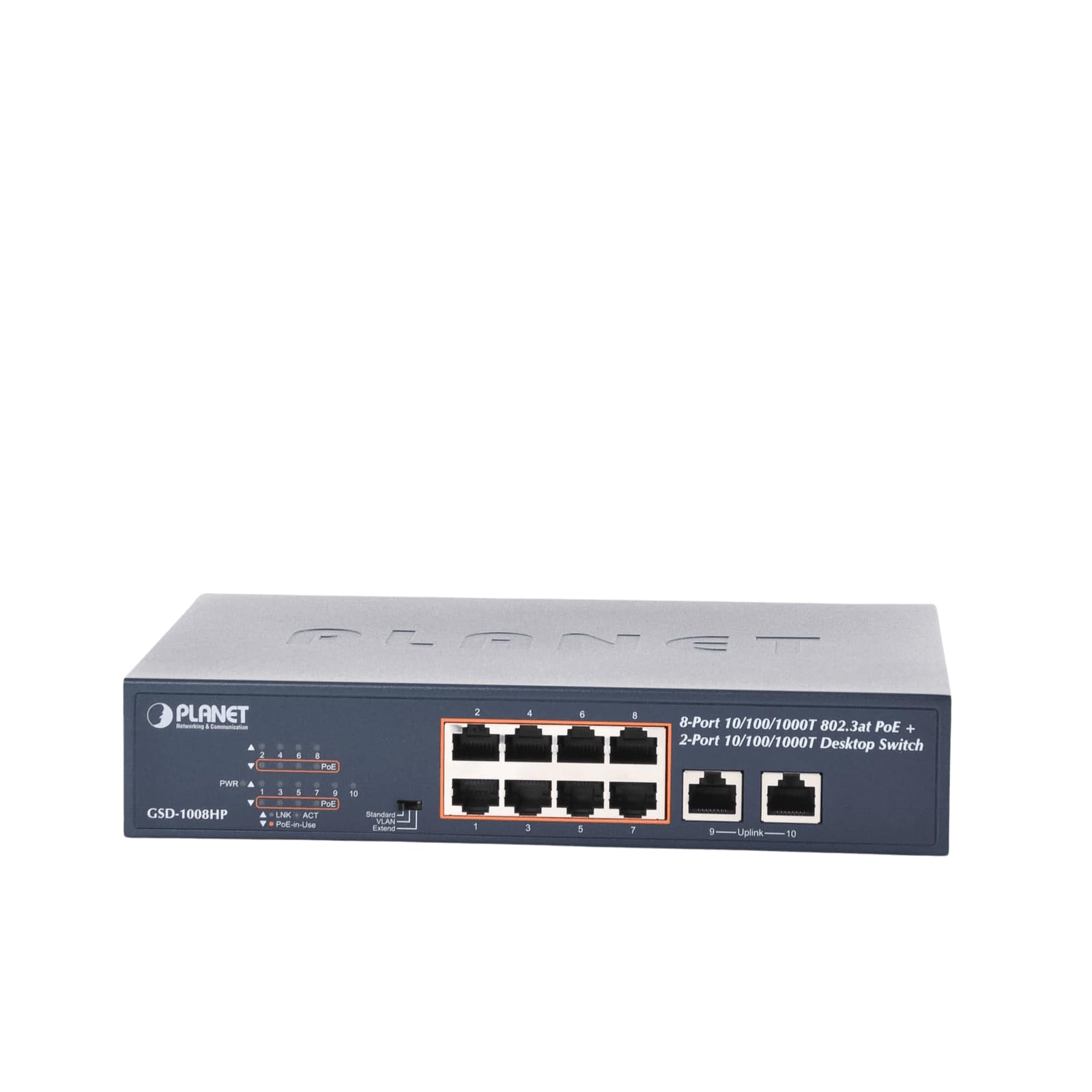 Planet 8-Port 10/100/1000T 802.3at PoE + 2-Port 10/100/1000T, GSD-1008HP (PoE + 2-Port 10/100/1000T Desktop Switch (120W PoE Budget, Standard/VLAN/Extend Mode, 10-inch and Rack-Mou)