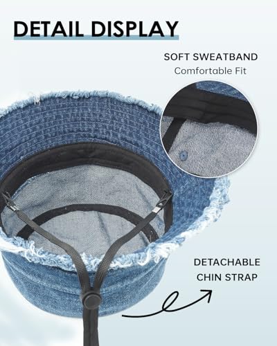 Image of Zylioo Oversized Denim Bucket Hat, XXL XL L M Fisherman Sun Hat with Chin Cord, Washed Jean Packable Summer Travel Hat
