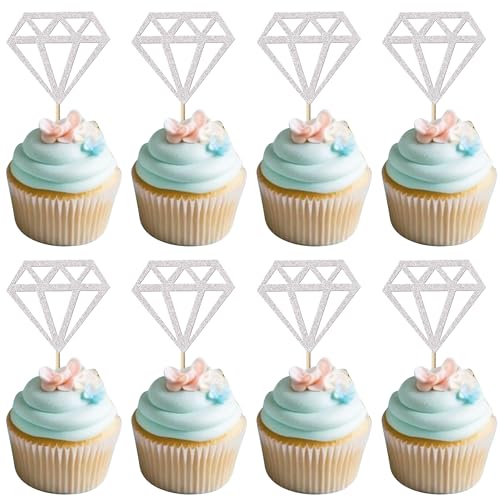 Rsstarxi 24 Pack Diamond Cupcake Toppers Glitter Diamond Bridal Shower Cupcake Picks for Wedding Engagement Anniversary Birthday Party Cake Decorations Supplies Silver
