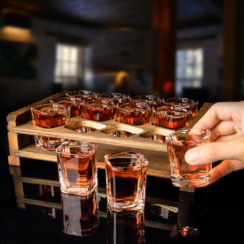 LINALL Shot Glass Set 12pcs 2oz/60ml Heavy Duty with Acacia Wood Holder for Party, Club, Cocktail (Brown 12pcs 2oz)
