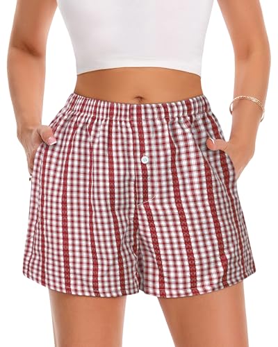 Image of Women Boxer Shorts Summer Gingham Pj Casual Plaid Bottoms with Pocket