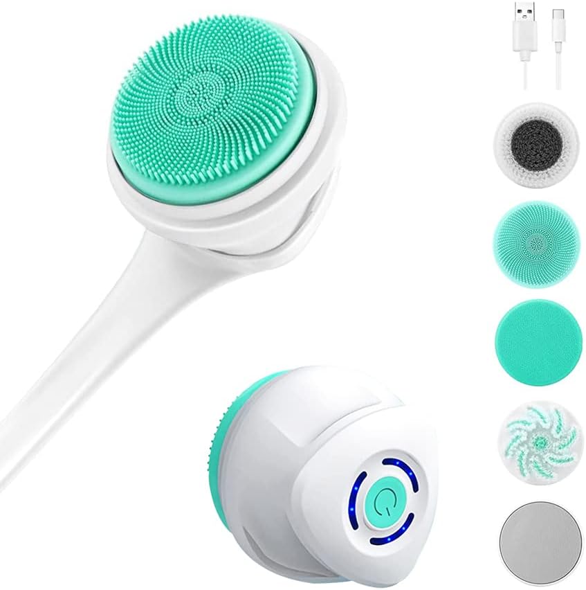 JTSea Cepillo eléctrico para el cuerpo, cepillo de limpieza facial, recargable para ducha, mango largo, exfoliante, limpiador de baño, limpieza