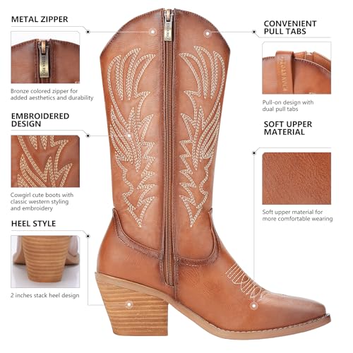 Cowgirl Boot for Women's, Western Retro Classic Mid-Calf Boot Embroidered Pointed Toe Chunky Heel for Ladies Festival Boots2