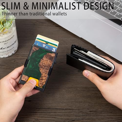 Image of Minimalist Mens Card Holder Wallet, RFID Blocking Slim Smart Pop Up Aluminum Wallet,Holds 12+ Cards,Expandable Compact Plate,Cash Strap /Money Clip (Resin Green Wood)