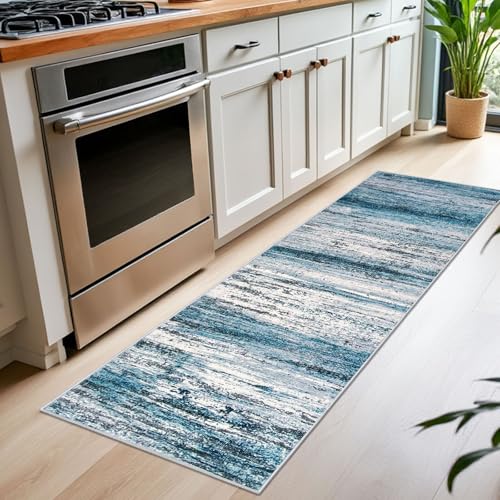 KOZYFLY Modern Abstract Runner Rug, 2x7 Kitchen Rugs Non-Slip Washable Soft Striped Runners for Hallways, Print Distressed Blue Carpet Runner for Entryway Bathroom Laundry Room Foyer