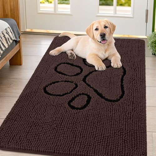 Image of Smiry Dog Door Mat for Muddy Paws, Absorbent Dirt Trapper Non Slip Quick Dry Washable Chenille Mat for Mud Dogs, Entry Rug for Indoor and Outdoor (47x32 Inches, Brown and Black)
