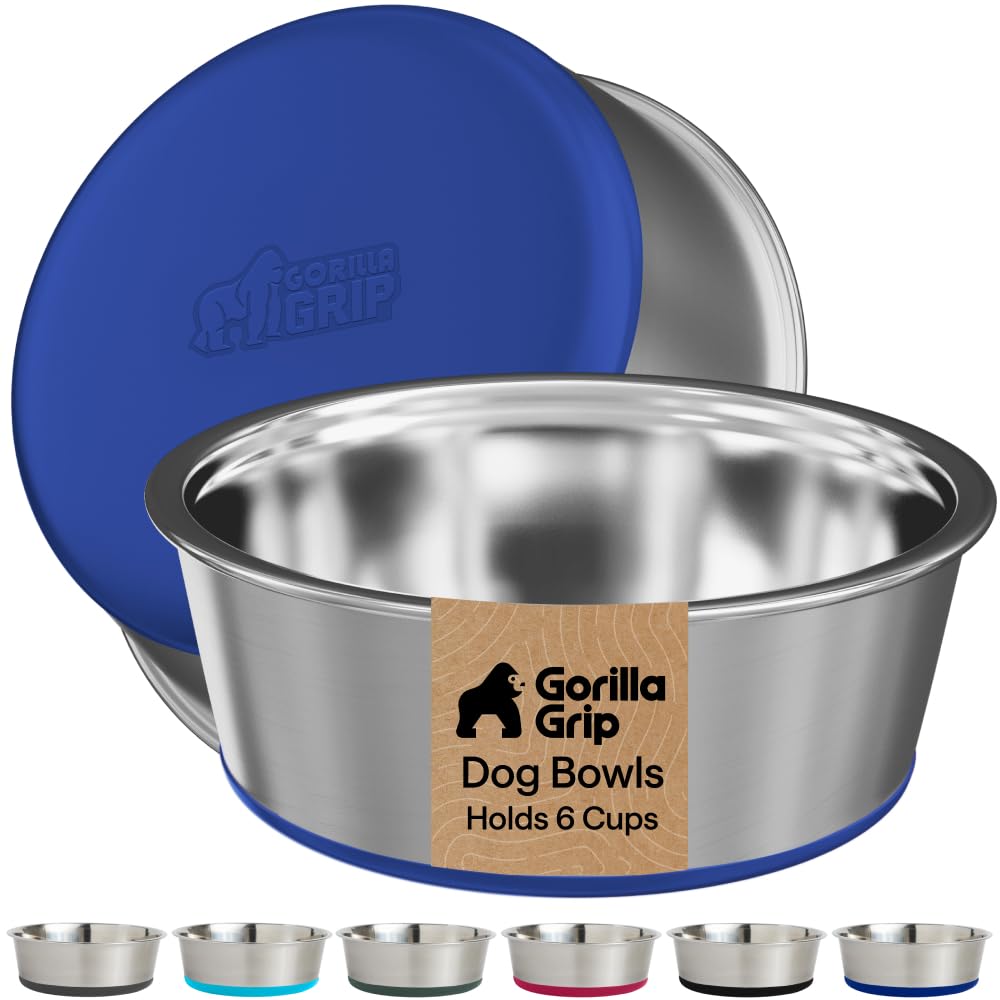 GORILLA GRIP Dog Bowls, Food Grade Stainless Steel, Set of 2, 6 Cup, Blue