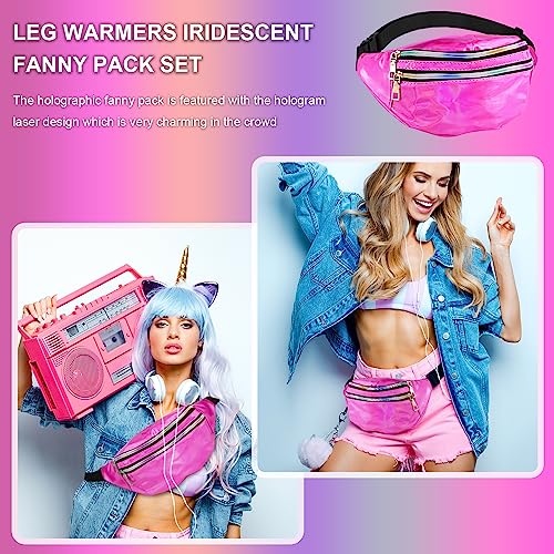 Eurtes 80er Jahre Accessoires, 4er Pack 80er Jahre Outfit Damen Herren Zubehör, Sportlicher 90er 80er Jahre Kleidung Schweißband Stirnband Armbänder und Wasserdicht Bauchtasche (Rosa)