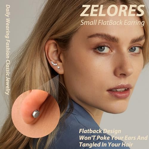 2 Pairs 925 Sterling Silver Flat Back Earrings for Women Dainty Gold CZ Flatback Cartilage Earring Small Helix Tragus Multiple Piercing Jewelry2