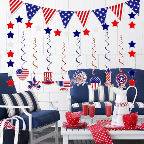 Image of Memorial Day Decorations 4th /Fourth of July Patriotic Decorations Set-Red White Blue Paper USA Flag Pennant, Star Streamer, Hanging Swirls Party Decor Supplies for Mantle Home Fireplace
