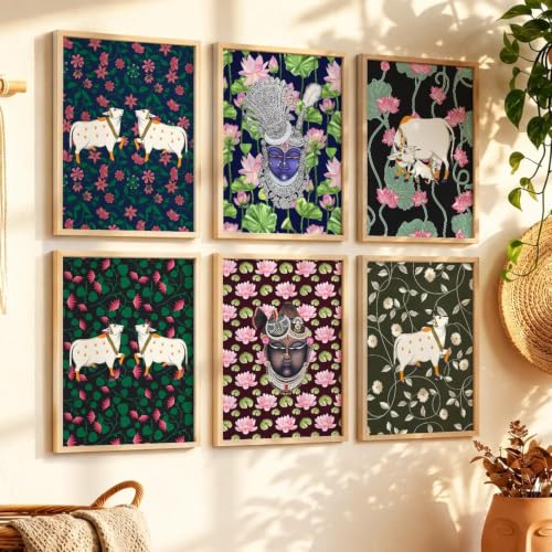 Image of kotart Traditional Indiqan Pichwai Art Digital Painting for Wall Decoration - Wall Art Prints for Living Room Bedroom Office Room Decor (13X17 INCH, B) Pack of 6