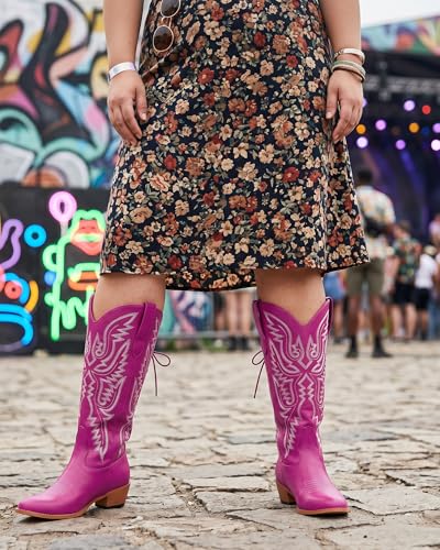 Image of Uillnoodu Wide Calf Cowboy Boots Women Adjustable Lace Up Knee High Tall Plus Size Cowgirl Boots Western Style Comfortable 2-Inch Heel