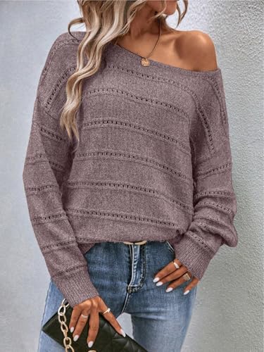 Image of Women's Sweater Soft Boat Neck Long Sleeve Oversized Sweaters Crochet Pullover Knit Tops