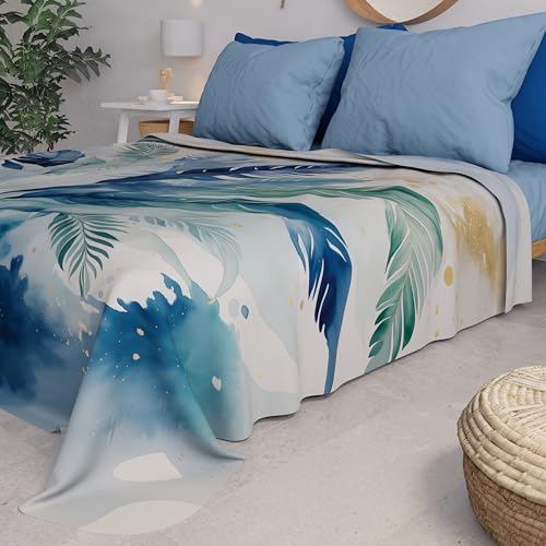Funda para sofá antimanchas con diseño de palma azul y tejido lavable 5