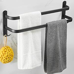 Badkamerhanddoekhouder, handdoekrek mat zwart handdoekstang met handdoekhouders en haakdesign, handdoekhouder wand, handdoekhouder zonder boren (50 cm, twee stangen)