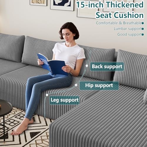 Image of 160 inch U-Shape Cloud Couch, Modern Modular Sectional U-Shape Sofa, Corduroy Boneless Couch Upholstered Couches Deep Seat Sleeper Chaise Longue for Living Room, No Assembly Required,Light Gray