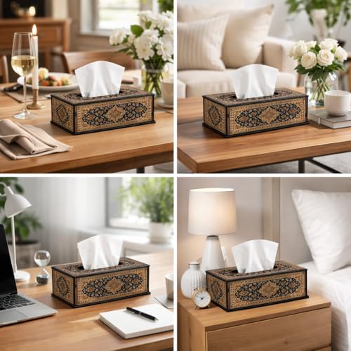 Image of Royal Beige Navy Persian Pattern Tissue Box Holder Decorative Wooden Tissue Box Cover for Dining Table & Living Room 6.5x5x3 Inch