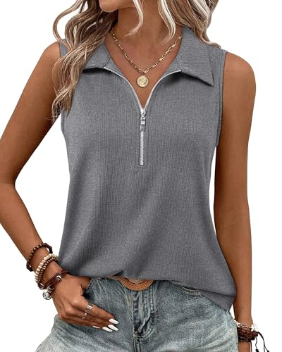 Vivilli Womens Ribbed Tank Top Zipper V Neck Dressy Casual Blouses Sleeveless Camisole Tops Work Tank Polo Shirts
