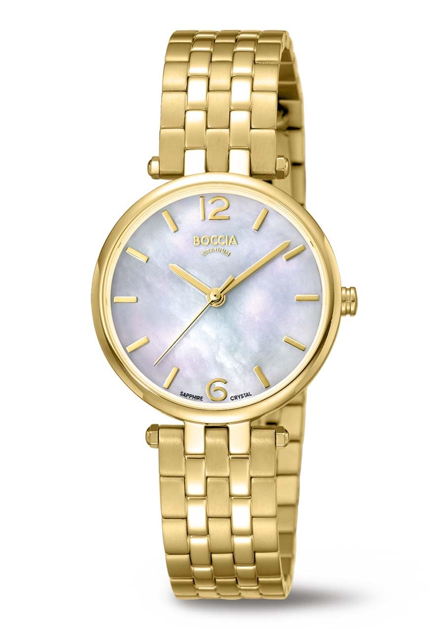Boccia Titanium Damenuhr 3339-03 Titan gelbgoldplattiert 30 mm mit Saphirglas, Quarz Armbanduhr mit Titanband und Perlmutt Zifferblatt blau, wasserdicht 5 bar, Faltschließe