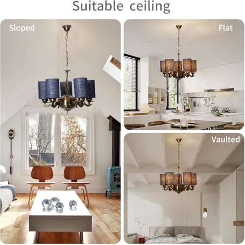 Image of Devansh 05 Lights Blue Jute Round Shade with Antique Golden Chandelier