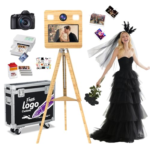 Mirror Photo Booth Machine with Printer and Camera,15.6' Touch Screen Tripod Wooden Retractable DSLR Photo Booth,Built-in Mini PC,Flight Case,App Control RGB Light for Parties