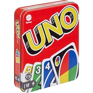 Mattel Games UNO Family Card Game, with 112 Cards in a Sturdy Storage Tin, Travel-Friendly, Makes a Great Toy for 7 Year Olds and Up