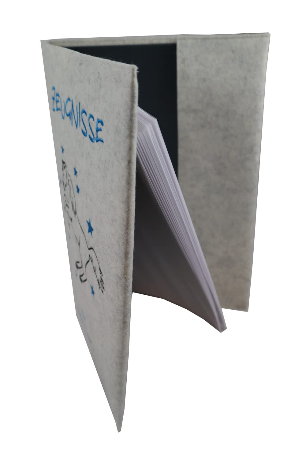 Zeugnismappe Pferd weiß personalisiert mit Namen 100% Wollfilzumschlag und Sichtbuch DIN A4 mit 20 Hüllen