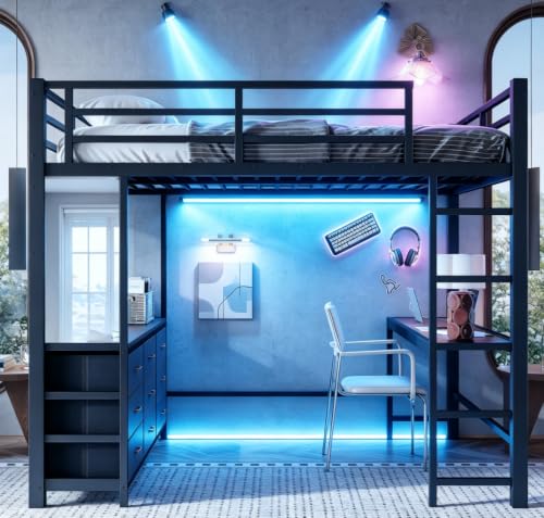 Image of Bellemave Metal Full Loft Bed Frame with Desk, Storage Drawers,USB,Mirror for Adults, Kids, Teens, Black