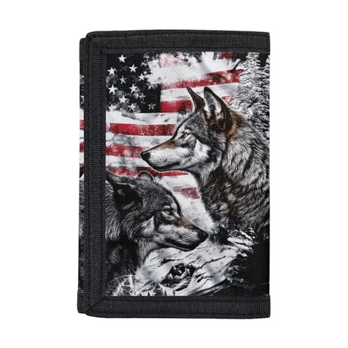 COEQINE Boys Wallets For Kids 9-12，Wolf American Flag Themes Moneybag With Coin Pocket for Women Men Cool Birthday Gift