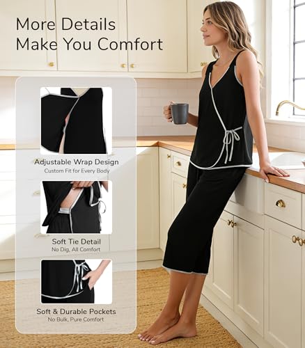 Image of NACHILA Pajamas Set for Women-Viscose Made from Bamboo, Sleeveless Pjs Cool V Neck Sleepwear Soft Capri Pants Pajama Sets