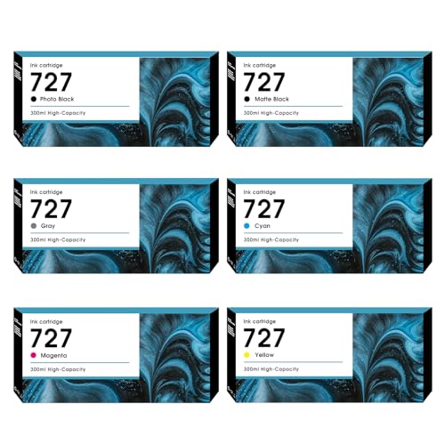 Image of 727 Ink Cartridges 300ML (6-Pack) High Yield Compatible for HP Ink 727 hp 727XL Ink Work with DesignJet T930 T2530 T1530 T2500 T920 T1500 Printer (Photo Black /Matte Black /Gray /Cyan /Magenta /Yellow)