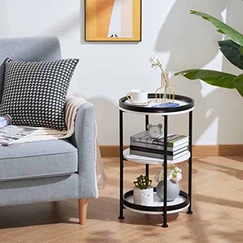 Dulcii Marble White Round End Table, 3 Tiers Round Side Table With Sturdy Metal Frame, Metal Round Sofa Table, Vintage Nightstand For Living Room Bedroom, Easy Assembly #TOP4