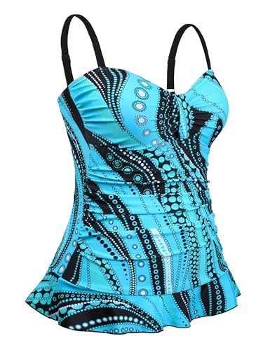 Hilor Women's 50's Retro Ruched Tankini Swimsuit Top with Ruffle Hem Bathing Suit Top Tummy Control Swim Tops3