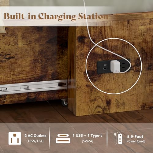 Image of AMERLIFE Queen Size Murphy Bed, Farmhouse Wooden Cabinet with Charging Station and Storage Drawer for Bedroom /Office /Guest Room, Rustic Brown