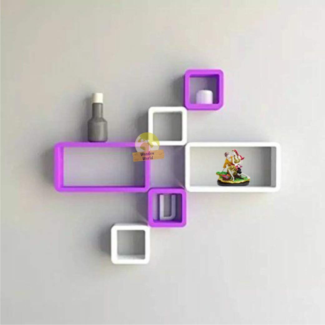 Wooden World Cube Floating, Wall Shelf, for Living Room,Drawing Room.Set of 6 (Purple & White)