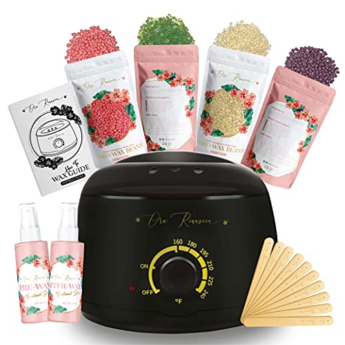 At Home Hard Waxing Kit for Women and Men, Easy to Use Wax Warmer Machine Pot for Sensitive Skin Hair Removal, Works on Different Types of Hair, 4 Packs of Hard Wax Beans, 10 Applicators, a Pre-Wax Treatment Spray, and a After-Wax Treatment Spray, Fa