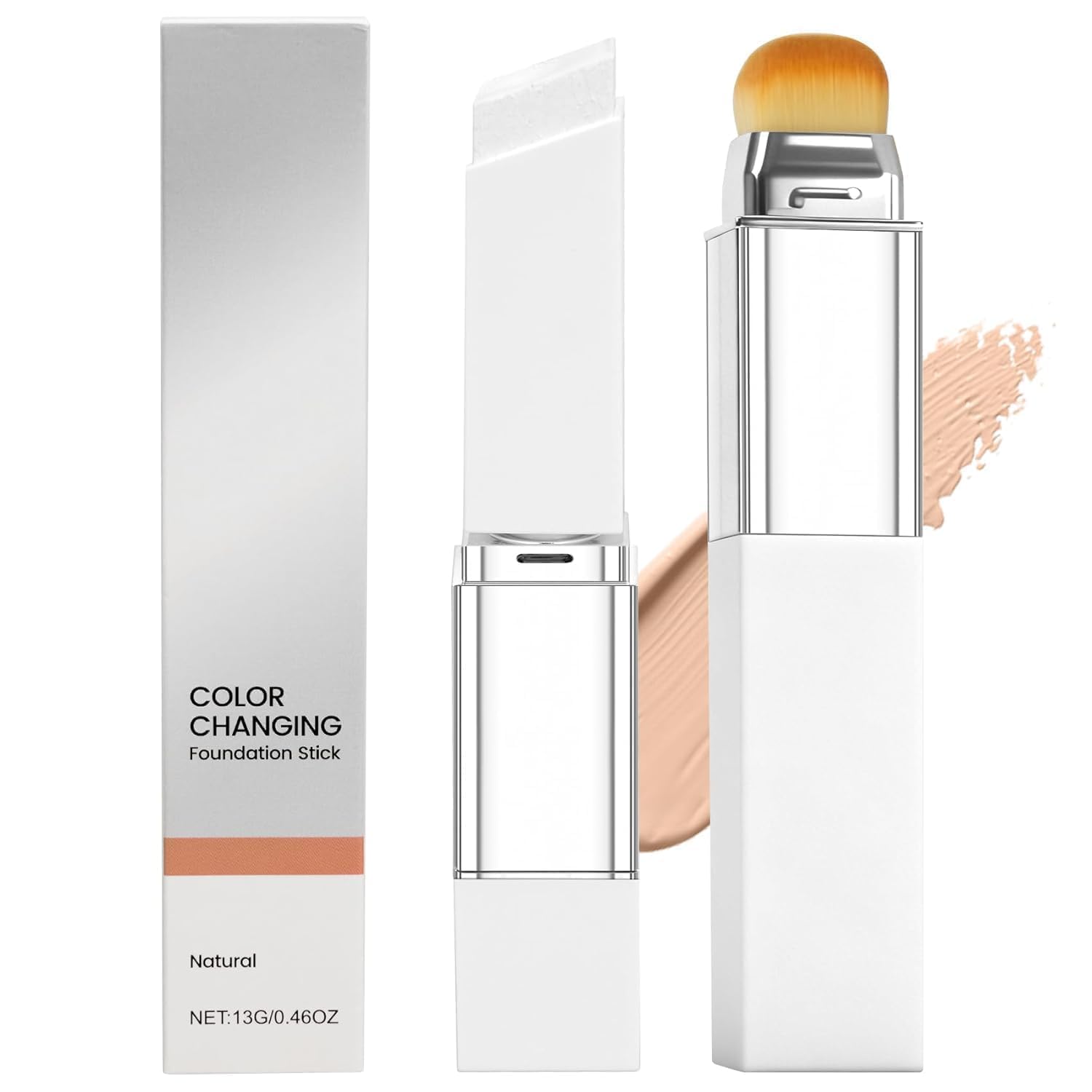 color changing foundation stick with built-in brush, dual-ended twist-up makeup stick, medium to full coverage, natural ivory white shade, buildable finish, portable face foundation (13gm)