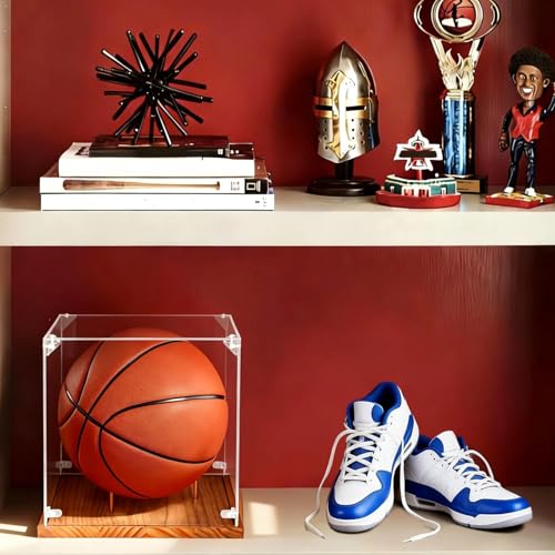 Image of Clear Acrylic Basketball Display Case with Wood Base & Tee, Memorabilia Stand Cube Holder, Dust Protection Transparent Storage Box for Single Ball Souvenir Basketball Collections