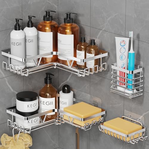 Kegii Etagere Douche Angle - Pack de 4 Étagères Douche sans Percage avec Porte-Savon, Porte-Brosse à Dents, Inox Brossé, Gain de Place Coin Baignoire