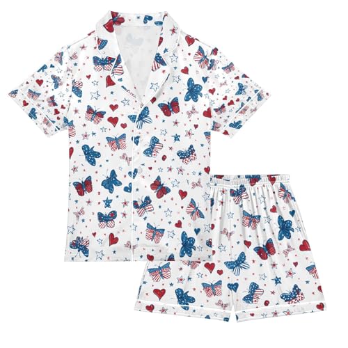 senya Butterflies Hearts Stars Satin Summer Pajama Sets Silk Short Sleeve Button Down Sleepwear