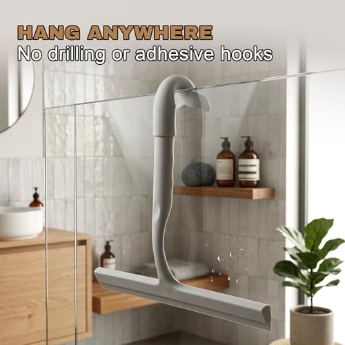 Image of Shower Squeegee for Glass Doors, 10-Inch Silicone, Fishtail Type Hook, Grey | One-piece Silicone, Fishtail Hook, Non-slip Grip and Quiet Glide for Shower Glass, Tile, Mirrors, Windows and Car Glass